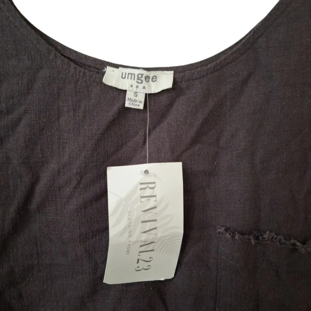 Umgee Brown Linen Blend Womens Cuffed Short Sleeve Top Sz Sm Raw Hem  Pocket NEW - Picture 4 of 9